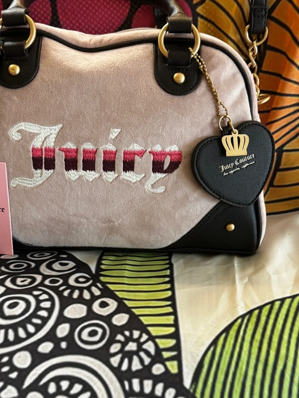 Juicy Couture Pink Velvet Crossbody Satchel with Brown Trim & Heart Charm